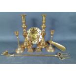 A quantity of brass items to include: 2 large candle sticks, 25cm high, 2 medium sized