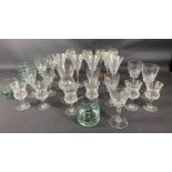 A box of mixed glassware to include 5 heavyweight green glass tumblers plus various wine glasses