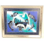 An Original Aboriginal Work of Art in a blue background depicting aquatic animals and local