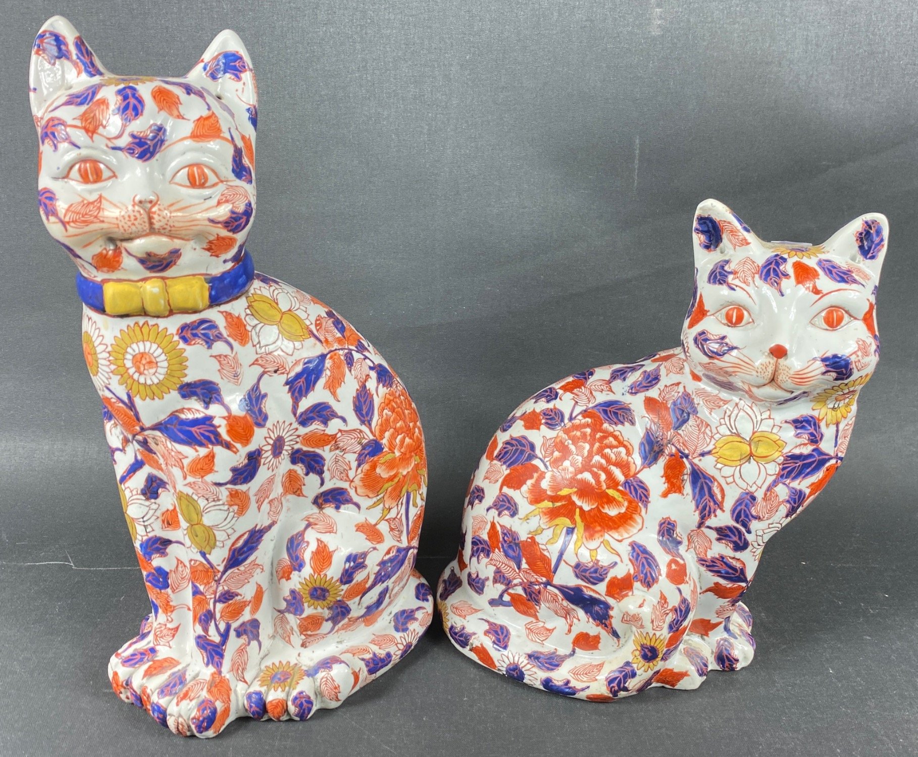 TWO stunning ceramic Oriental handpainted ceramic glazed cats (possibly incense burners) in Imari