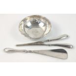 An interesting small silver lot comprising: Solid silver bowl London 1934 80g gross weight approx,