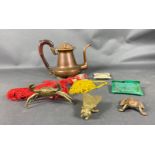 A mixed metal lot to include a brass VESTA MOTH (9cm), a copper teapot (22cm tall), a brass frog