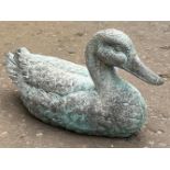 A SUBSTANTIAL ‘verdigris heavy metal sitting duck' garden ornament - length 40cm x 15cm breadth