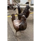 TWO UNUSUAL large 56cm height and medium sized 40cm height hand crafted metal standing cockerel