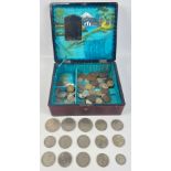 A JAPANESE lacquered jewellery box FILLED with old British coinage