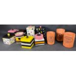 A lot of LIQUORICE ALLSORTS jars (tallest 17cm high) and covers along with three utensil