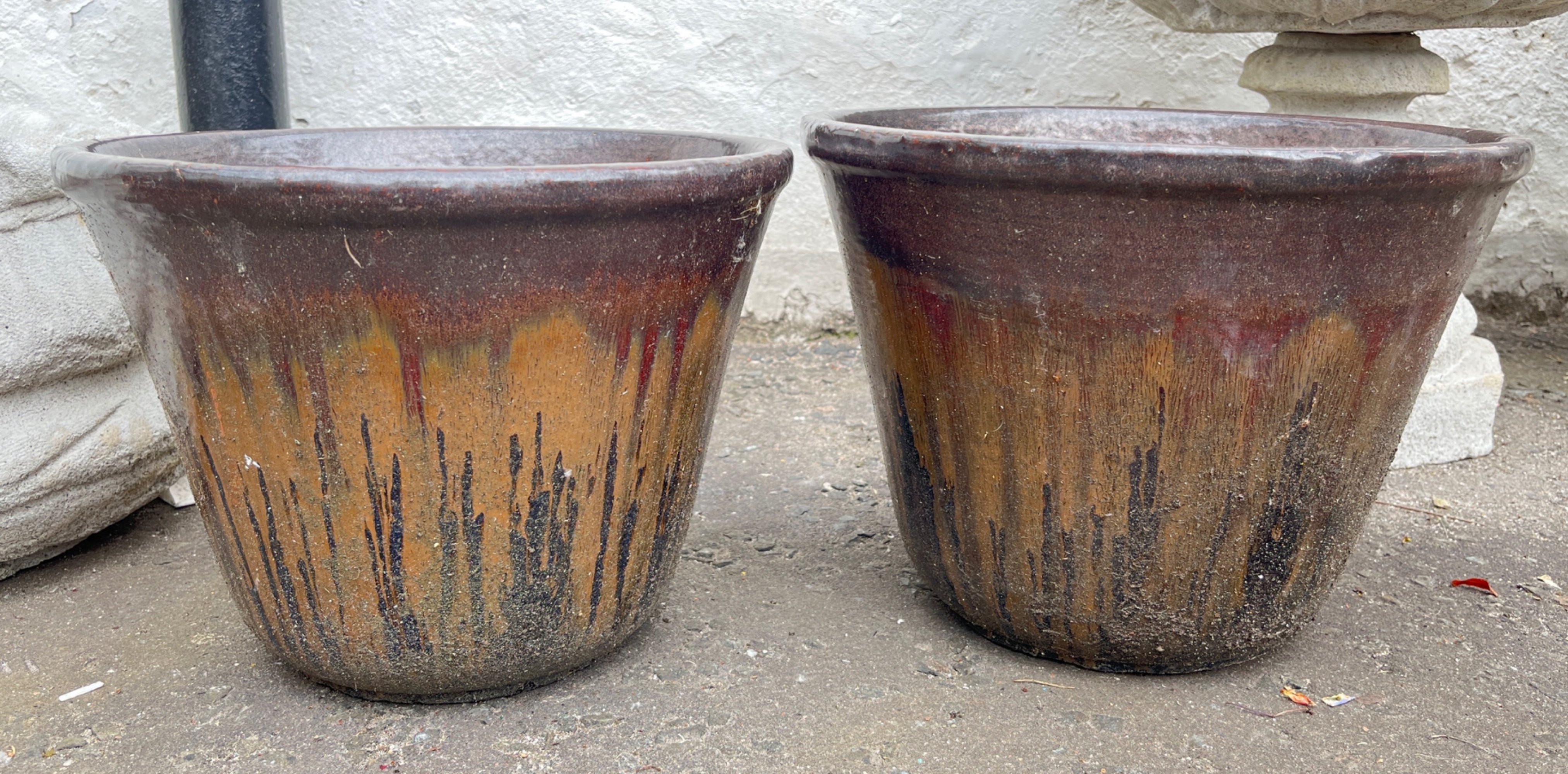 Two nice DRIP- GLAZE ceramic garden pots - 25cm height x 25cm diameter approx