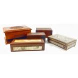 Five decorated wooden boxes of various sizes to include one used as a sewing box complete with