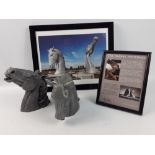 KELPIES - a pair of resin Kelpie statuettes standing approx 19cm high, plus a framed photo print