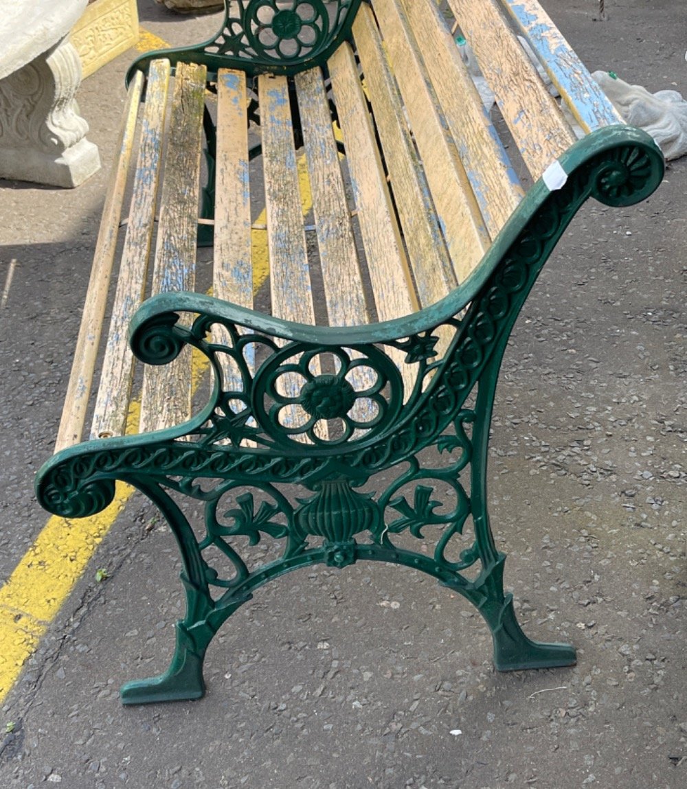 A nice wrought iron ended garden seat with distressed lemon painted wooden slats - 130cm long x - Image 2 of 2