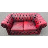 Rather worn BUT FABULOUS! red leather effect CHESTERFIELD couch 2 seater (matching 3 and 2