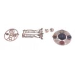 A 925 stamped Rennie Mackintosh collection brooch and 2 pairs of earrings, gross weight 13.12g