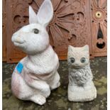 Cheerful characters to include a rabbit 26cm tall and a small cat with large eyes standing only