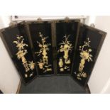 Four large Oriental lacquer and mother of pearl panels with raised floral decoration 92x30cm