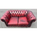 Rather worn BUT FABULOUS! red leather effect CHESTERFIELD couch 2 seater (matching 3 and 2