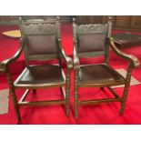 A pair of VICTORIAN CHURCH carved oak and brown leather seat padded armchairs - all beautifully