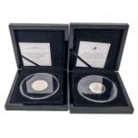 TWO SOLID SILVER PROOF Triple thickness coins complete with issue cards and presented in their