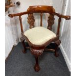 A BEAUTIFUL ORIENTAL ROSEWOOD corner chair with hand carved legs and rounded back support - nice