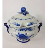 A large Russian GZHEL blue and white porcelain tureen standing approx 34cm high, no chips, cracks