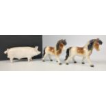 A vintage BESWICK Pig Wall Champion Boy figurine (17cm long) and 2 GOEBELS ponies (10cm tall approx)