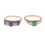 TWO 18ct stamped vintage rings to include a green emerald and 5 white diamonds ( tested) 6th