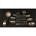 NICE EXAMPLE six EP twisted-stem APOSTLE teaspoons length each 10.5cm approx with also a silver