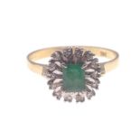 An 18k stamped yellow gold retangular-cut EMERALD centred ring size P gross weight 3.07g approx