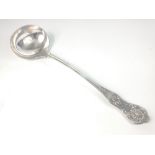 A VINTAGE Good Quality SILVER PLATE soup ladle 36cm long and engraved with the initial W on the