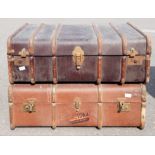 TWO VINTAGE c1920's STEAMER TRUNKS with wooden bentwood bindings - dimensions each 92cm long x