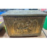 A brass vintage log box with Bavarian tavern scene 46cm length x 30cm depth x 30cm height approx