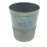 An silver plated stamped INTERESTING 'JUST A THIMBLE FULL 'tot' measure cup - dimensions 4cm