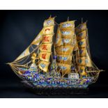 IMPRESSIVE DECORATIVE VERY LARGE ORIENTAL Red Copper/brass Cloisonne enamelled Galleon ship in