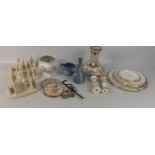 A mixed box of mostly ceramic items to include a three TIER CAKE STAND missing the handle , WADE