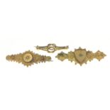 Three brooches, two being gold - the first 15ct, the second 9ct gross weight 8.50g