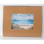 A framed original seashore scene, frame size 51x41cm, visible work 28x20cm by a local Peebles artist