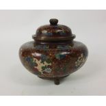 A small cloisonne three footed dish with lid approx 10x 12cm high (3 small chips to sides)