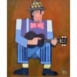 Peter Stanaway (British 1943-) "Clown with Guitar", acrylic.