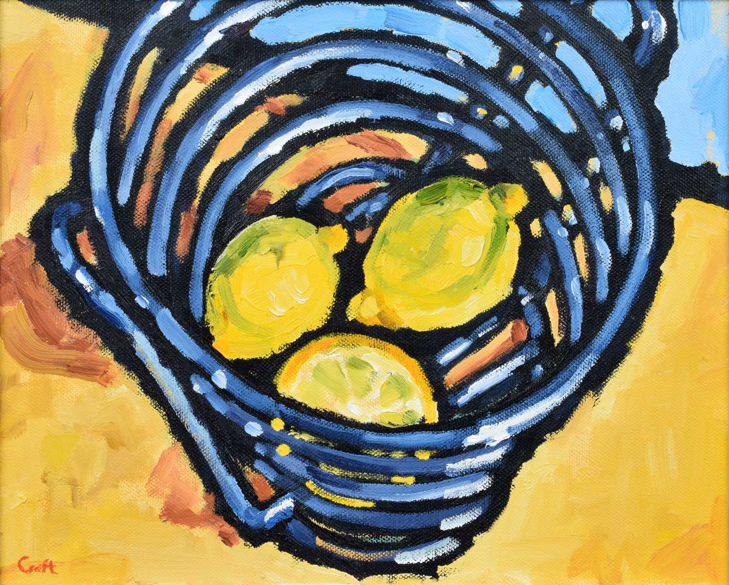 Malcolm Croft (British 1964-) "Lemons in a Wire Basket", oil.