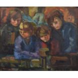 Val Pownall (British 20th century) Children playing with model trains, oil.