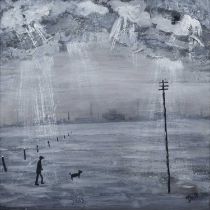 Vincent Dott (British 20th/21st century) Northern industrial scene with figure and dog, oil.