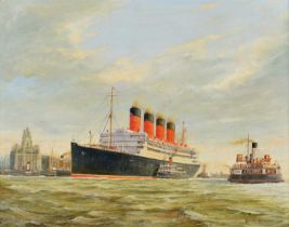 Norman Colebourne (British 1908-1992) "Maiden Voyage R.M.S. Aquitania at Liverpool 30/4/14", oil.