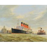 Norman Colebourne (British 1908-1992) "Maiden Voyage R.M.S. Aquitania at Liverpool 30/4/14", oil.