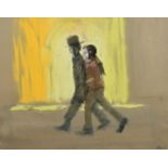 Harold Riley (British 1934-) Two Jewish men walking, ink and pastel.
