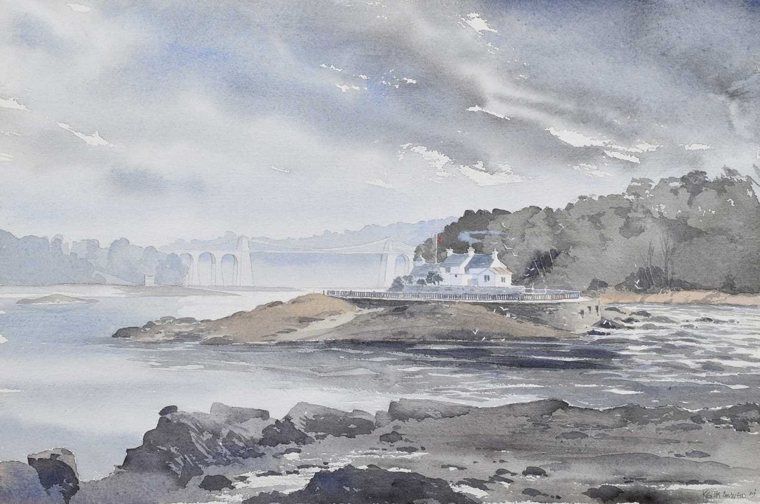 Keith Andrew R.C.A. (British 1947-) "Ynys Gored Goch in the Menai Strait", watercolour and pencil.
