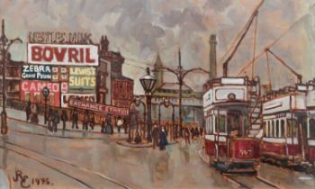 Roger Eastwood (British 1942-2013) "Tram Terminus, Deansgate", oil.