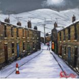 James Downie (British 1949-) Snowy street scene, oil.