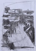 Ian Mood (British 1972-) "Looking down the Irwell", charcoal.