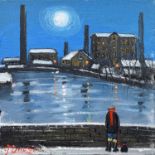 James Downie (British 1949-) "Moonlit Mill", oil.