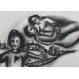 British School (20th century) "Lovers and Child", charcoal drawing.