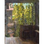 Russian School (20th century) A wooden veranda with chair, oil on canvas.